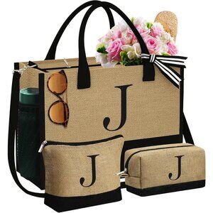 Personalized Initial Jute Tote Bag & Makeup Bags - Ideal Christmas Gift Set